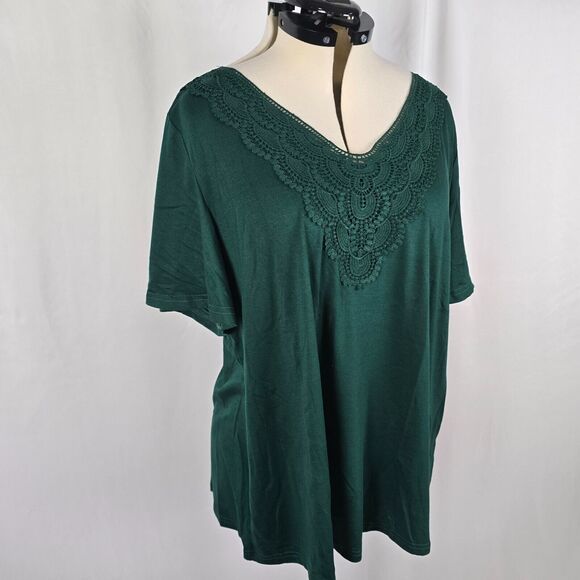 Bloomchic T-Shirt Women's 2X Green Solid Ruffle Short Sleeve Lace V-Neck NWT - Picture 8 of 13